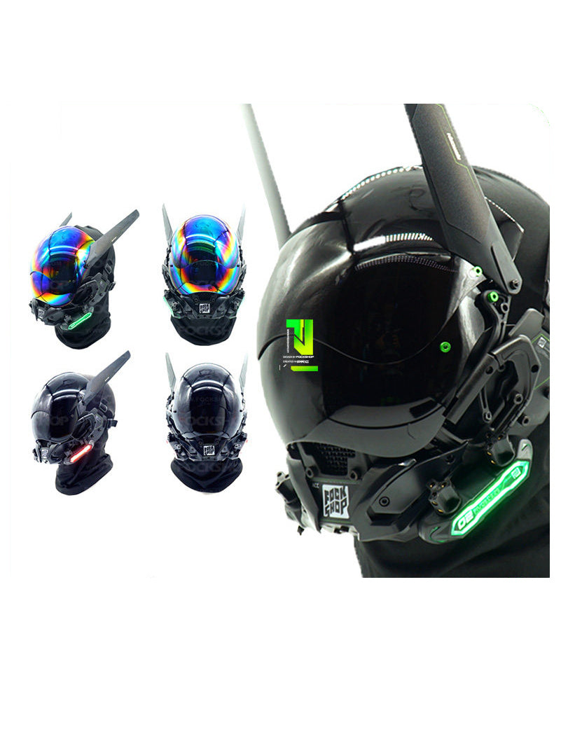 FOCKSHOP REBORN mechanical mask horn pair — four small mask views and one enlarged mask view demonstrating fitted horns