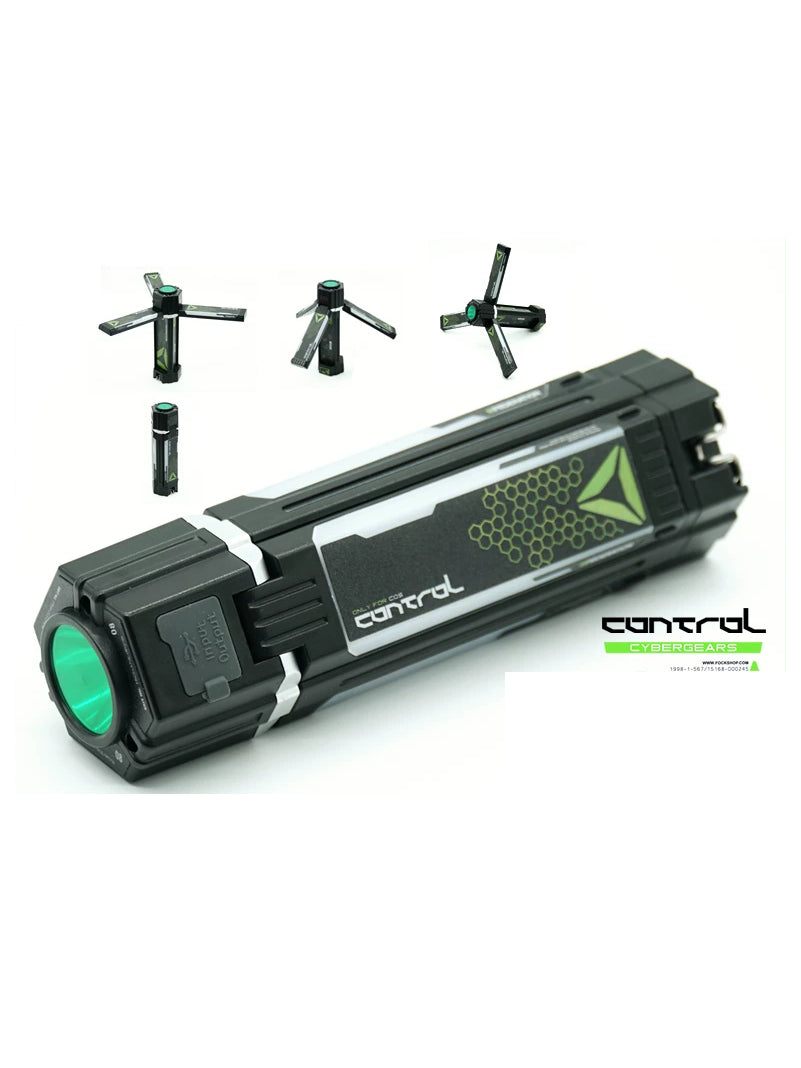 FOCKSHOP QIYU folding rechargeable light prop — white-background collage of the closed light and four folding configurations