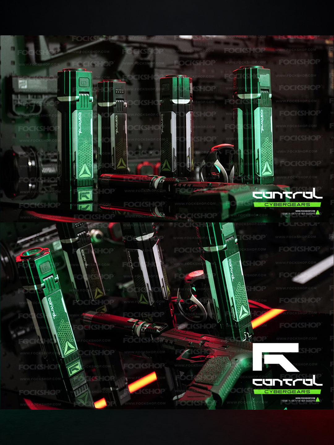 FOCKSHOP QIYU folding rechargeable light prop — two native photographs of closed lights from different workshop angles