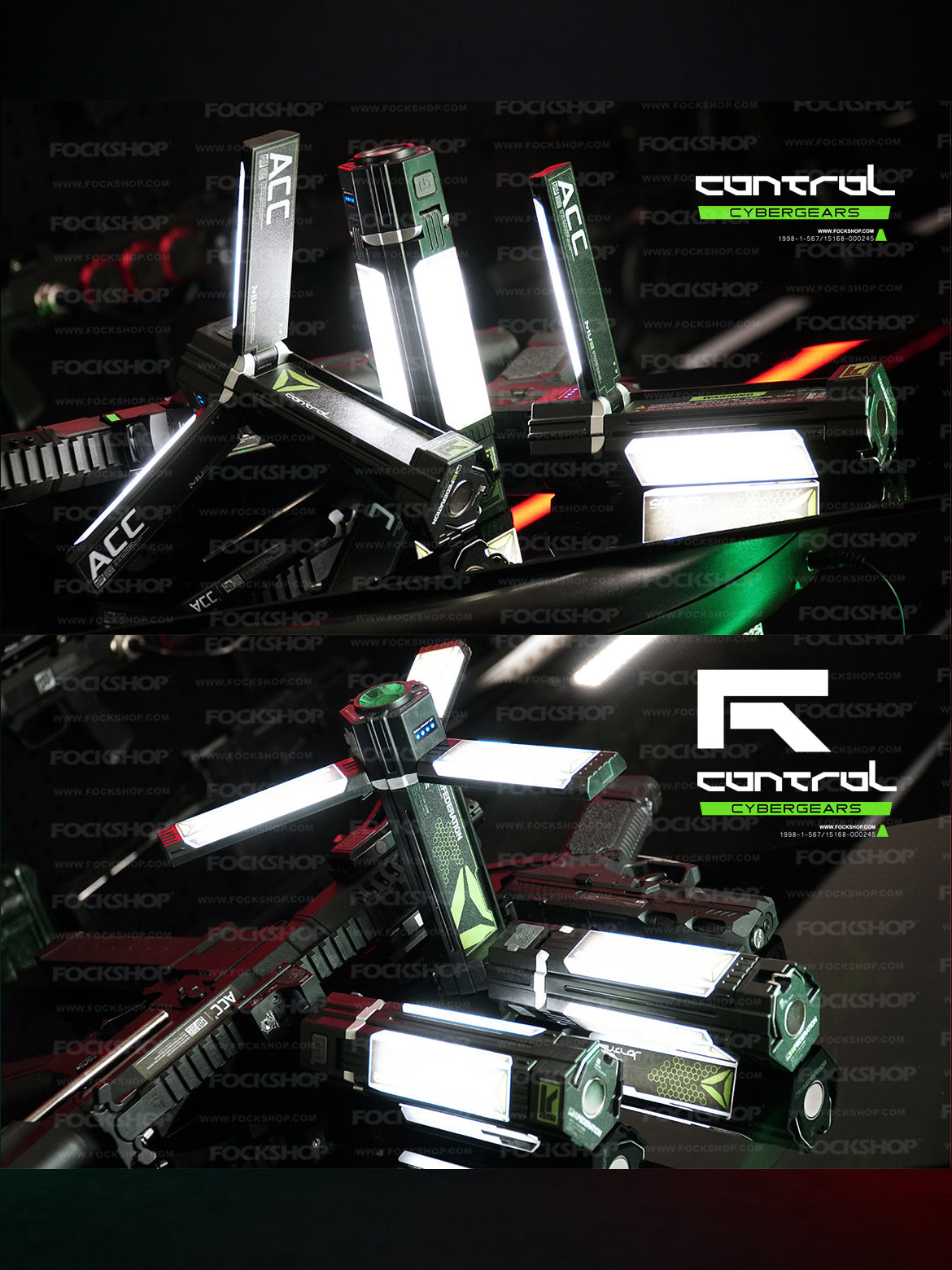 FOCKSHOP QIYU folding rechargeable light prop — two native photographs showing the illuminated folding side panels in different configurations