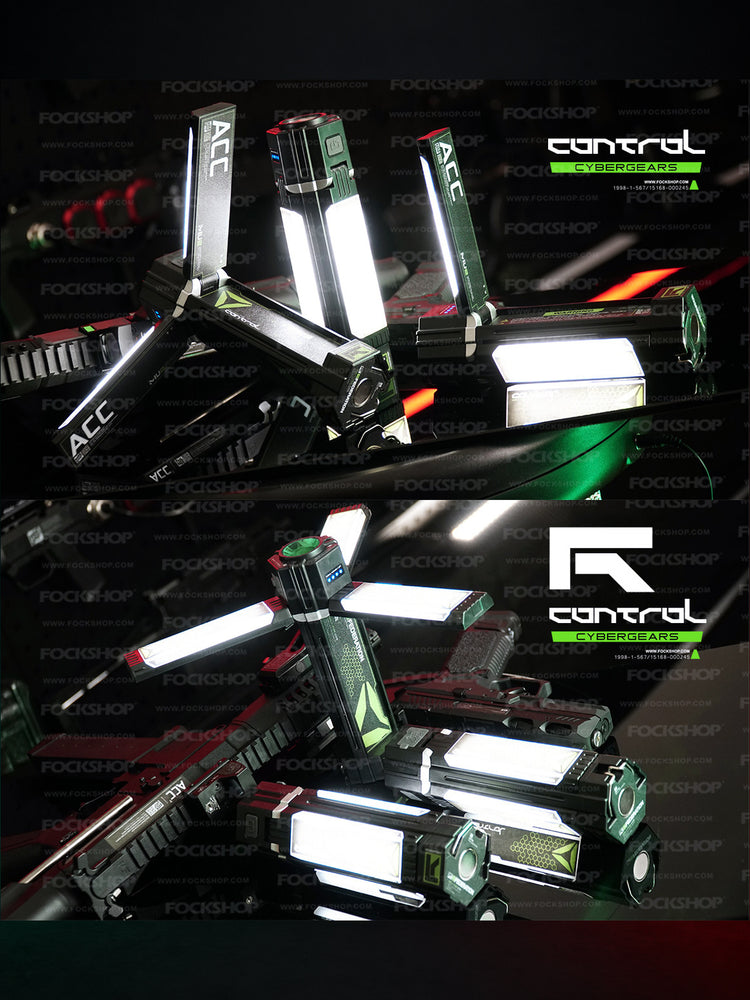 FOCKSHOP QIYU folding rechargeable light prop — two native photographs showing the illuminated folding side panels in different configurations