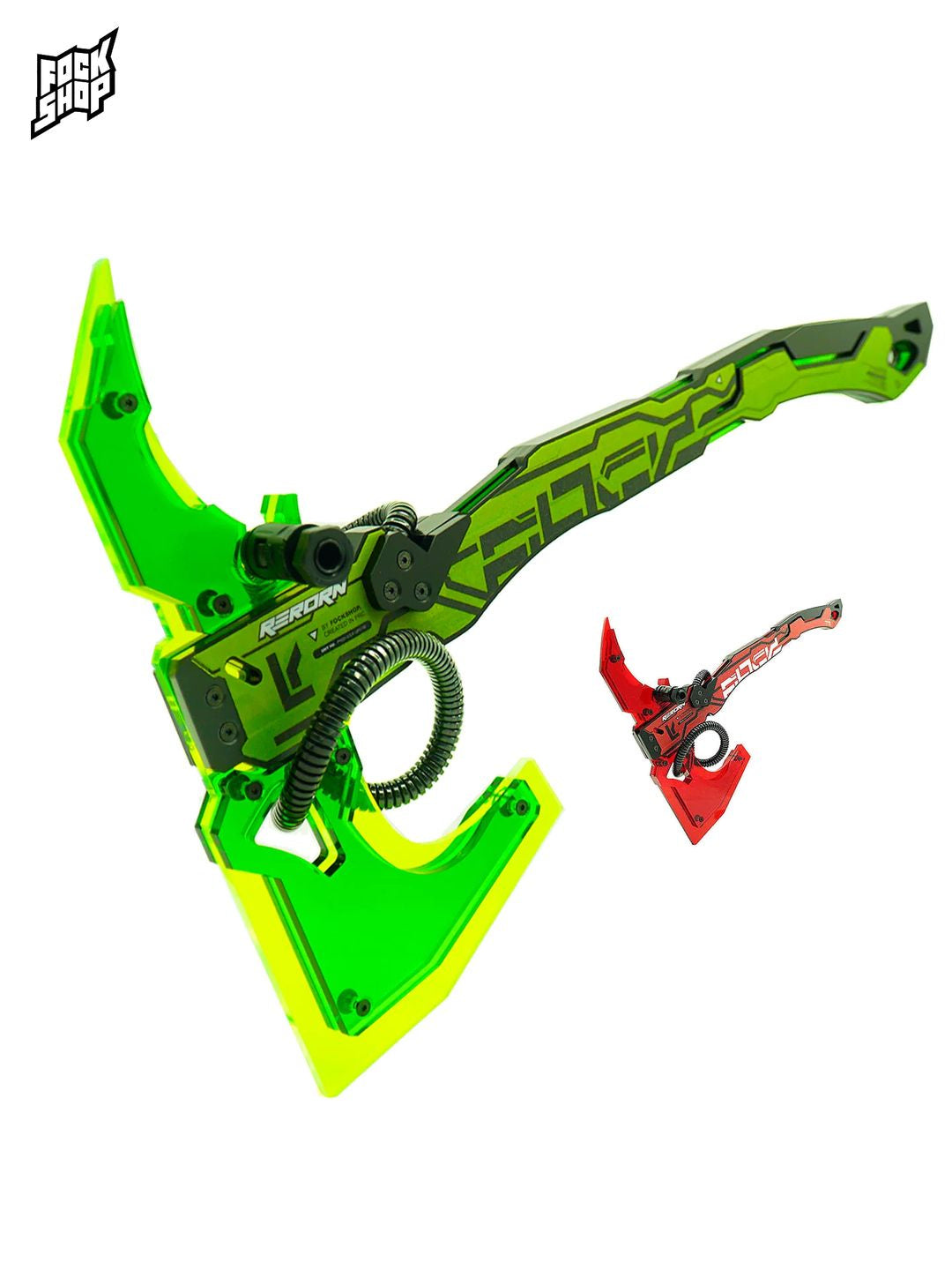 FOCKSHOP SHANHAI illuminated axe prop — green graphic full prop with a smaller red graphic inset