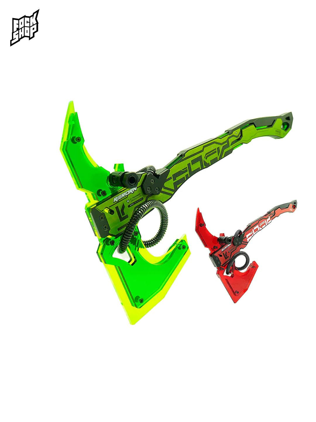 FOCKSHOP SHANHAI illuminated axe prop — green graphic prop with looped hose and red graphic comparison inset