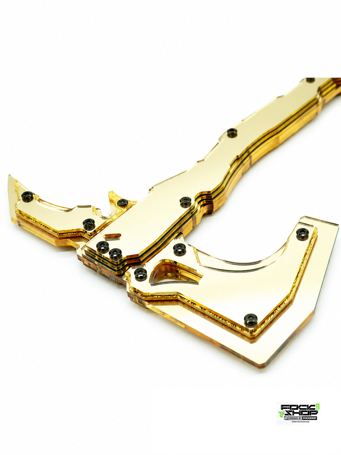 FOCKSHOP SHANHAI illuminated axe prop — mirror-gold head detail showing layered edges and exposed screws