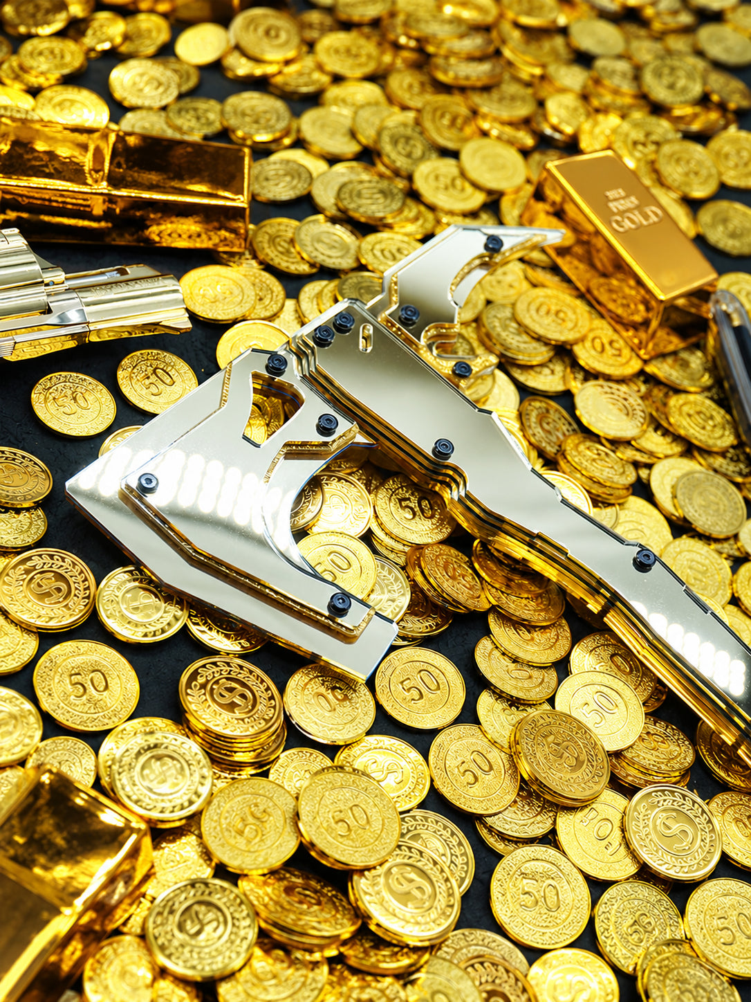 FOCKSHOP SHANHAI illuminated axe prop — mirror-gold head close-up on a decorative gold-coin backdrop