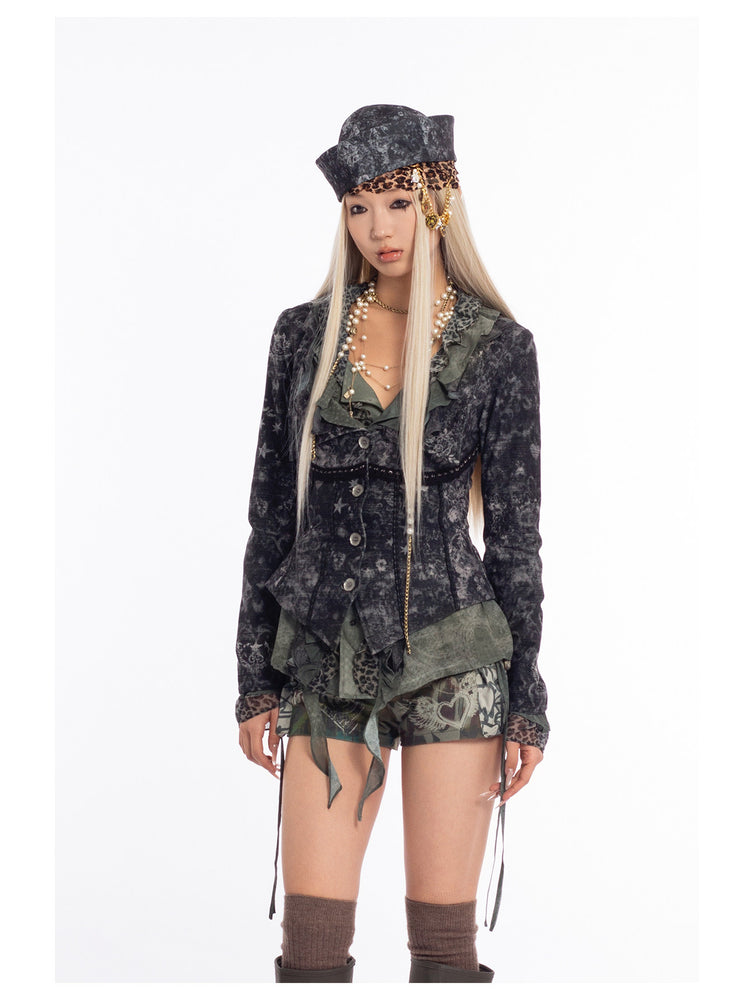 4RE1GN MYSTIC floral fitted jacket in black gray — front modeled view with the matching black-gray hat
