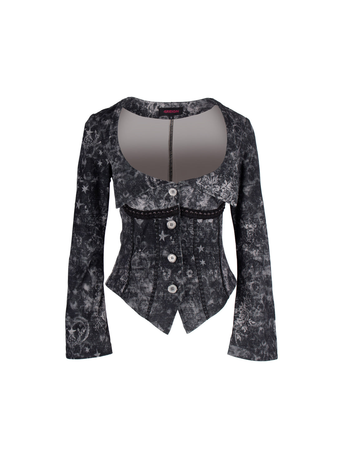 4RE1GN MYSTIC floral fitted jacket in black gray — front garment-only view showing buttons, fitted seams and flared sleeves