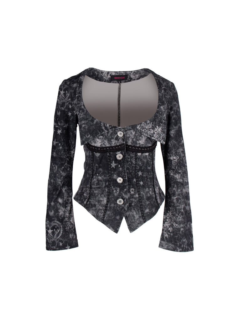 4RE1GN MYSTIC floral fitted jacket in black gray — front garment-only view showing buttons, fitted seams and flared sleeves