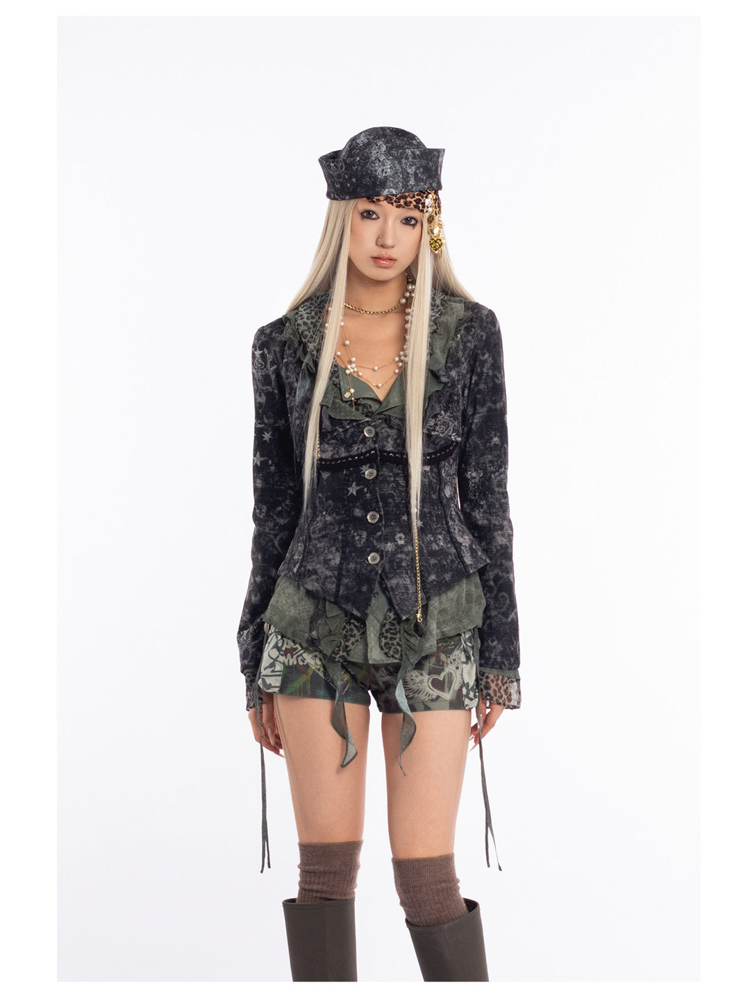 4RE1GN MYSTIC floral fitted jacket in black gray — front studio modeled view with the olive styling layer