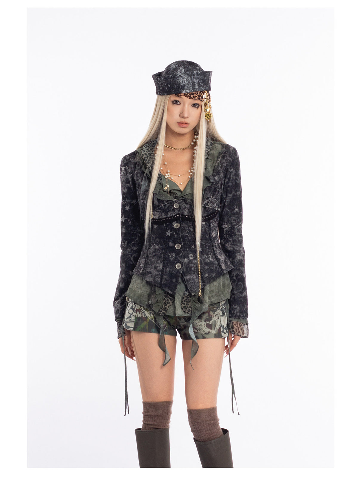 4RE1GN MYSTIC floral fitted jacket in black gray — front studio modeled view with the olive styling layer