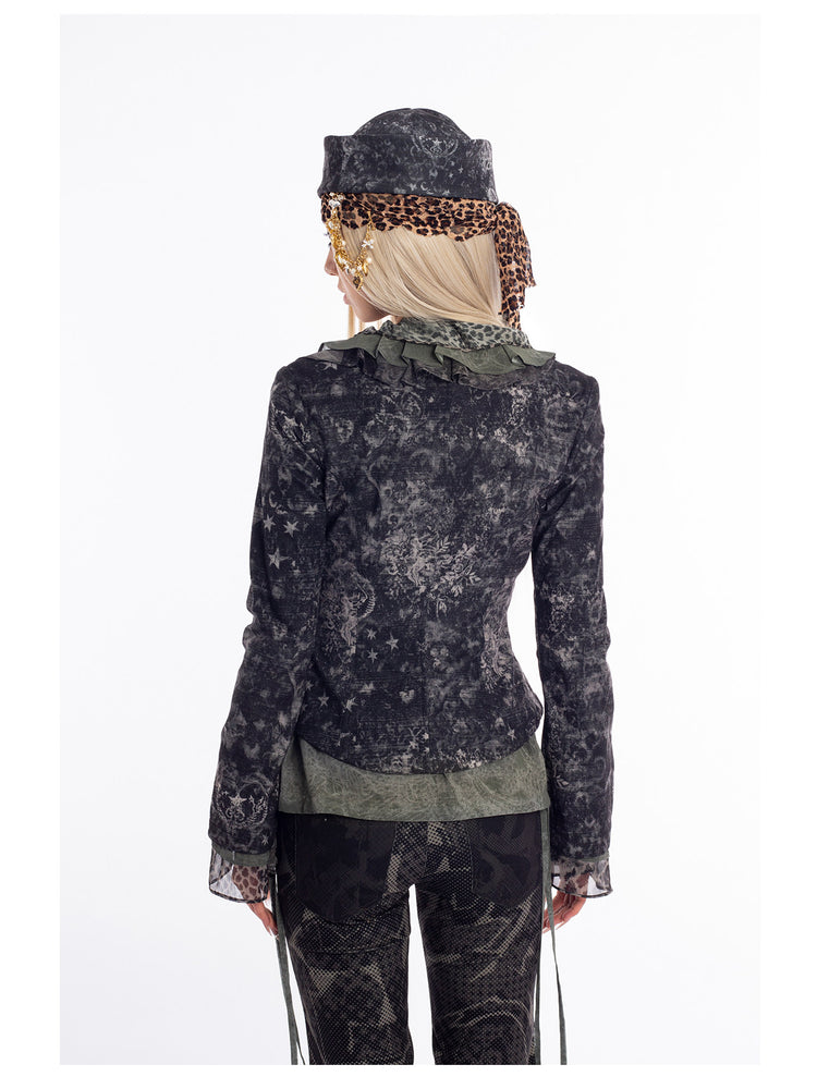 4RE1GN MYSTIC floral fitted jacket in black gray — rear three-quarter studio modeled view