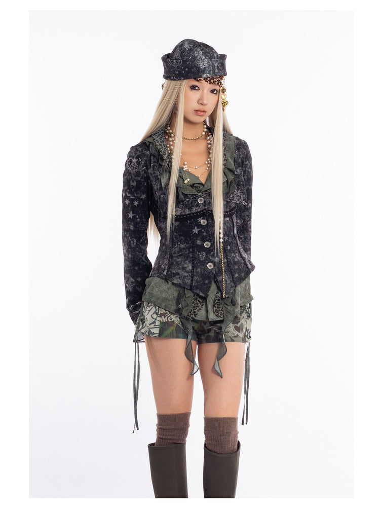 4RE1GN MYSTIC floral fitted jacket in black gray — three-quarter studio modeled view with arms down