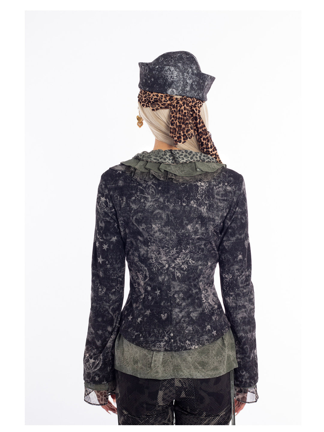 4RE1GN MYSTIC floral fitted jacket in black gray — rear studio modeled view showing the waist shaping