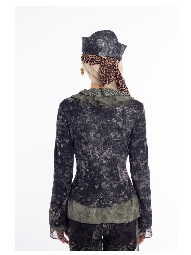 4RE1GN MYSTIC floral fitted jacket in black gray — rear studio modeled view showing the waist shaping