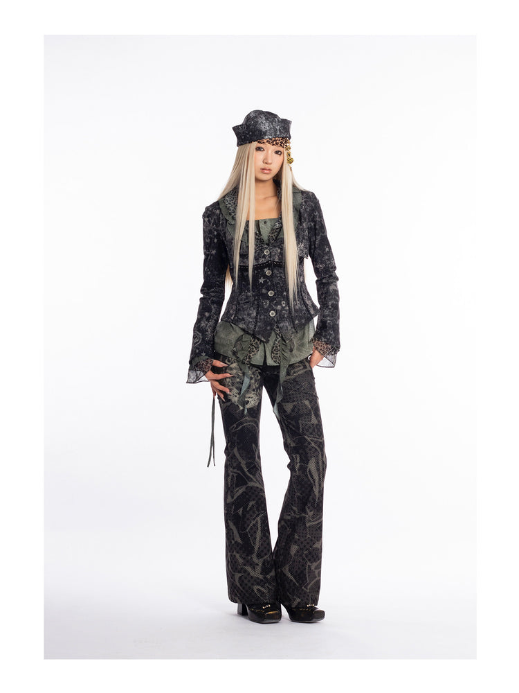 4RE1GN MYSTIC floral fitted jacket in black gray — full-length studio modeled view styled with wide-leg trousers