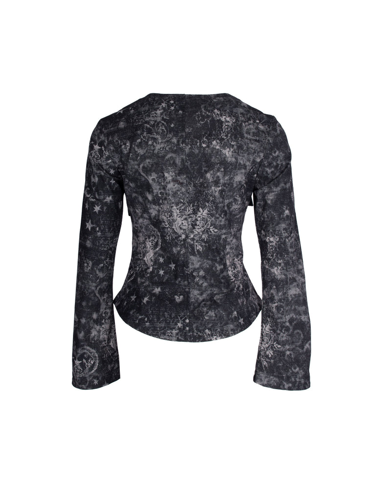 4RE1GN MYSTIC floral fitted jacket in black gray — back garment-only view showing curved seams and hem