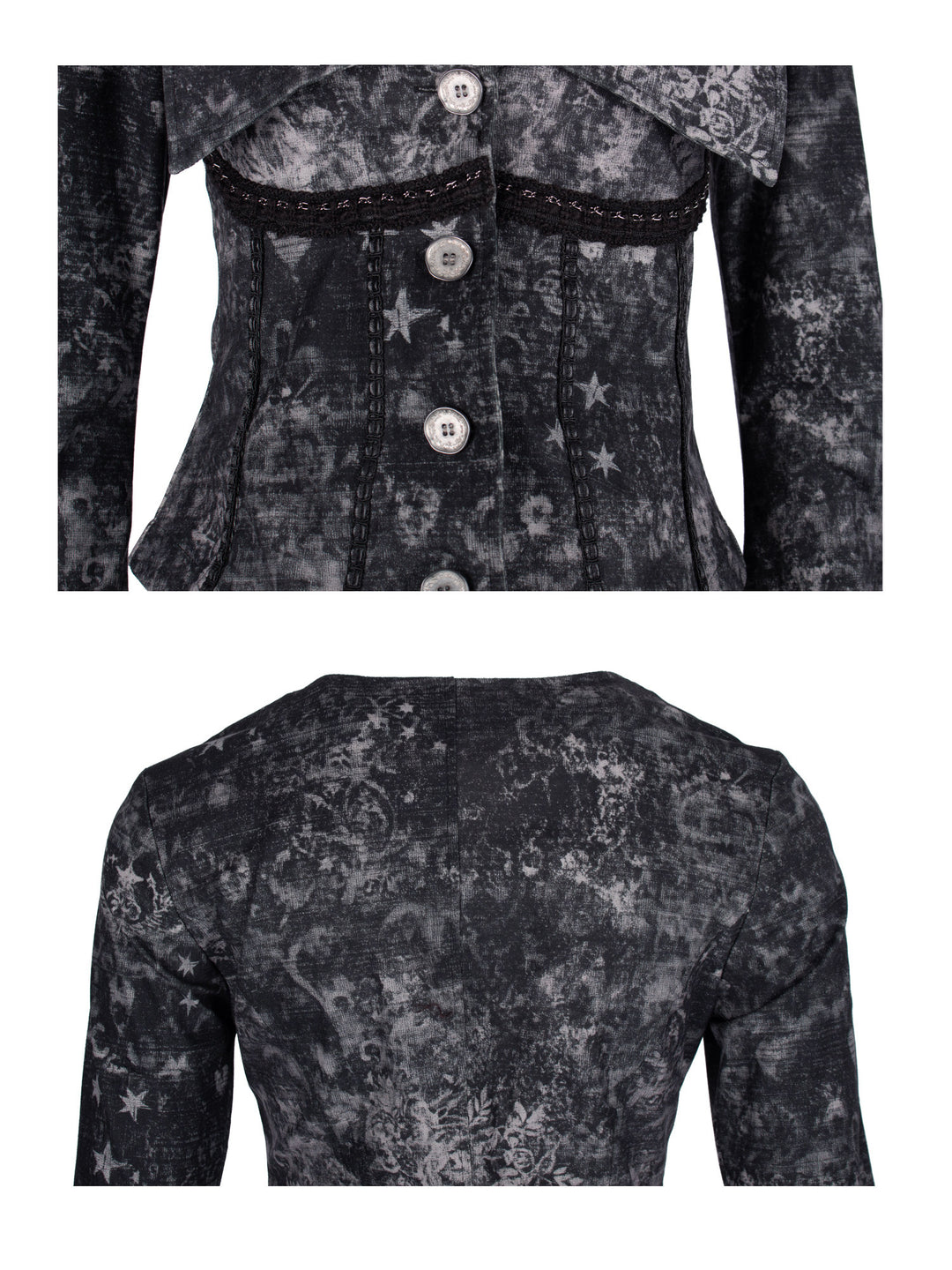 4RE1GN MYSTIC floral fitted jacket in black gray — front button, trim and waist detail with rear shoulder and floral-print detail