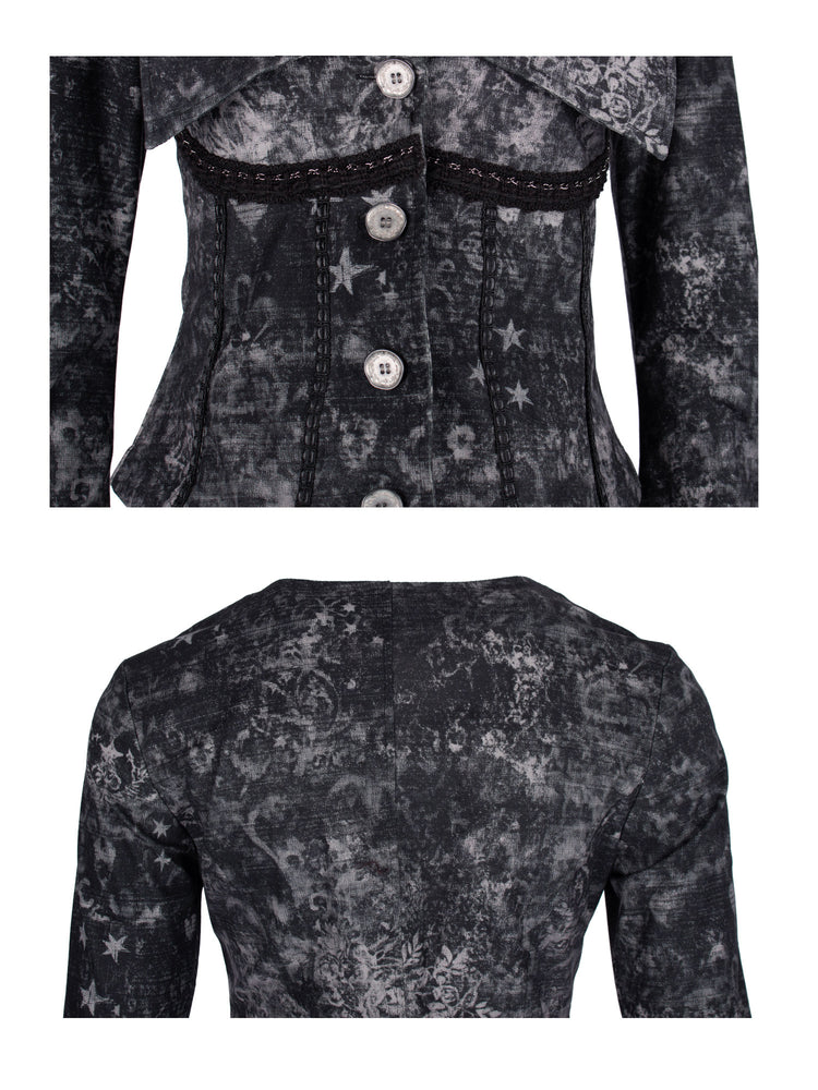 4RE1GN MYSTIC floral fitted jacket in black gray — front button, trim and waist detail with rear shoulder and floral-print detail