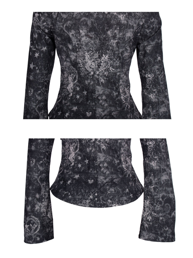 4RE1GN MYSTIC floral fitted jacket in black gray — rear waist shaping, hem and flared-sleeve details