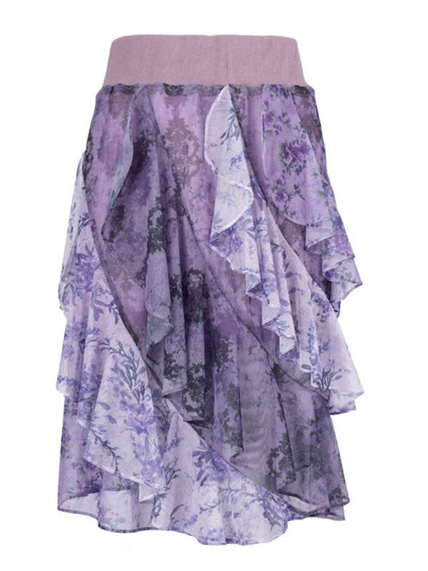 4RE1GN PURPLE HAZE asymmetric ruffle skirt in purple — front garment-only view showing the elastic waist and cascading ruffles