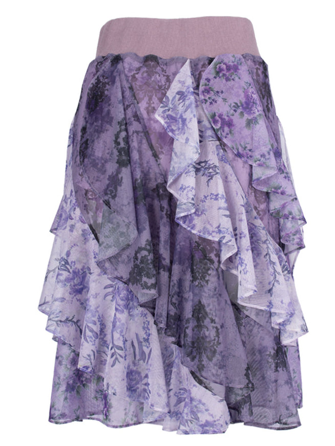 4RE1GN PURPLE HAZE asymmetric ruffle skirt in purple — back garment-only view showing the layered floral panels