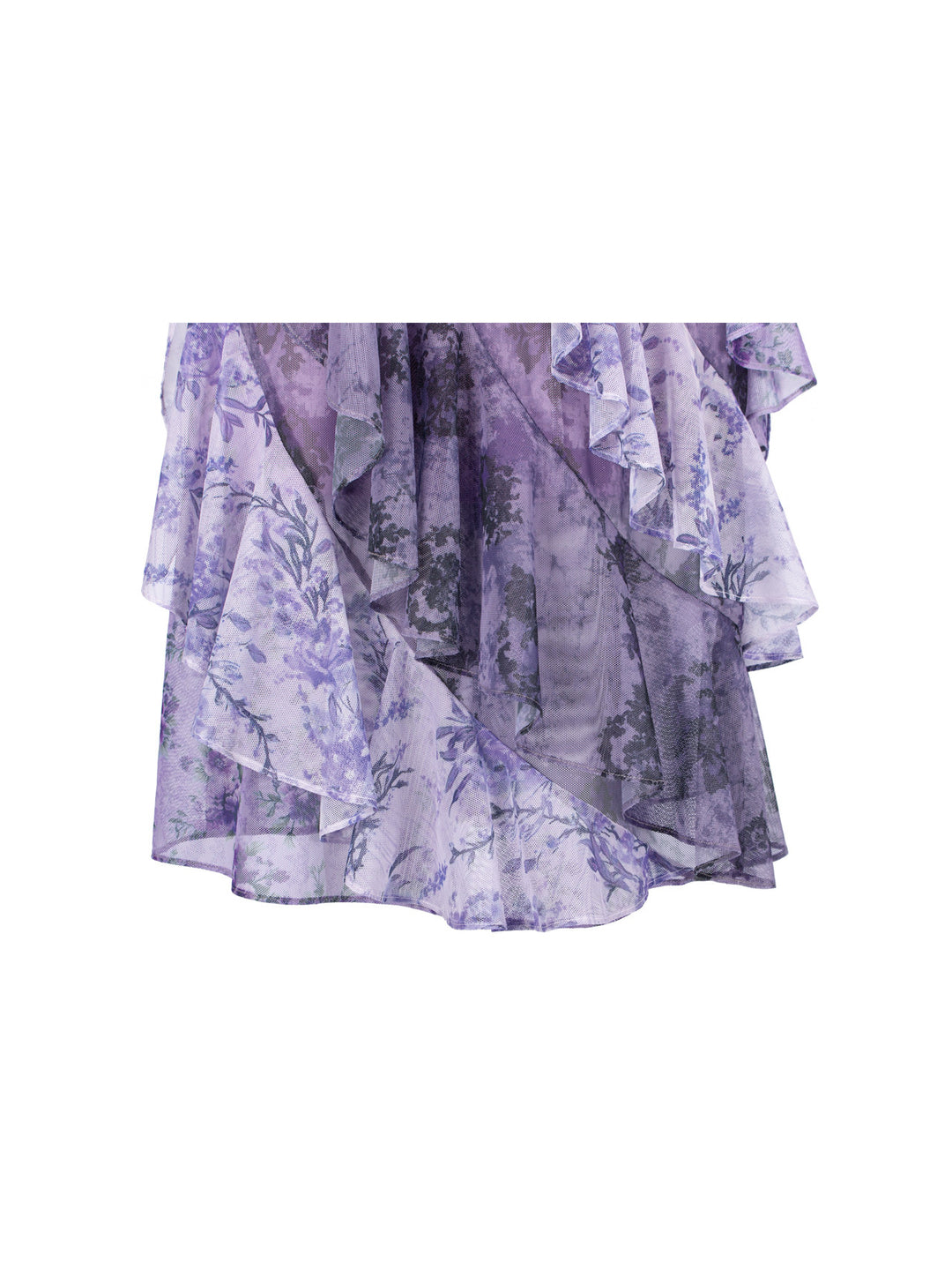 4RE1GN PURPLE HAZE asymmetric ruffle skirt in purple — detail of the floral ruffled hem