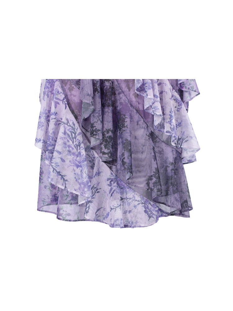 4RE1GN PURPLE HAZE asymmetric ruffle skirt in purple — detail of the floral ruffled hem