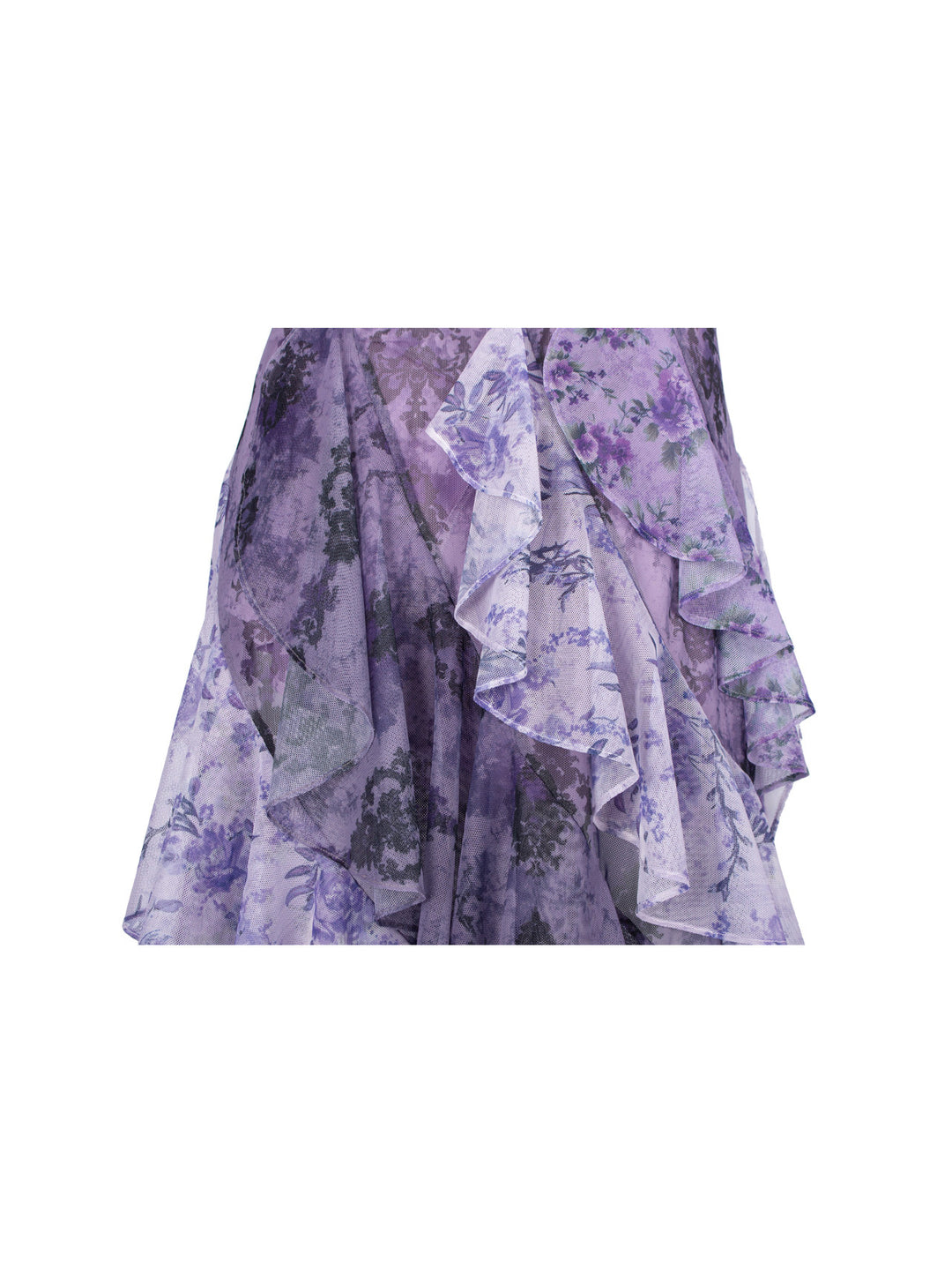 4RE1GN PURPLE HAZE asymmetric ruffle skirt in purple — detail of the printed panels and ruffle seams