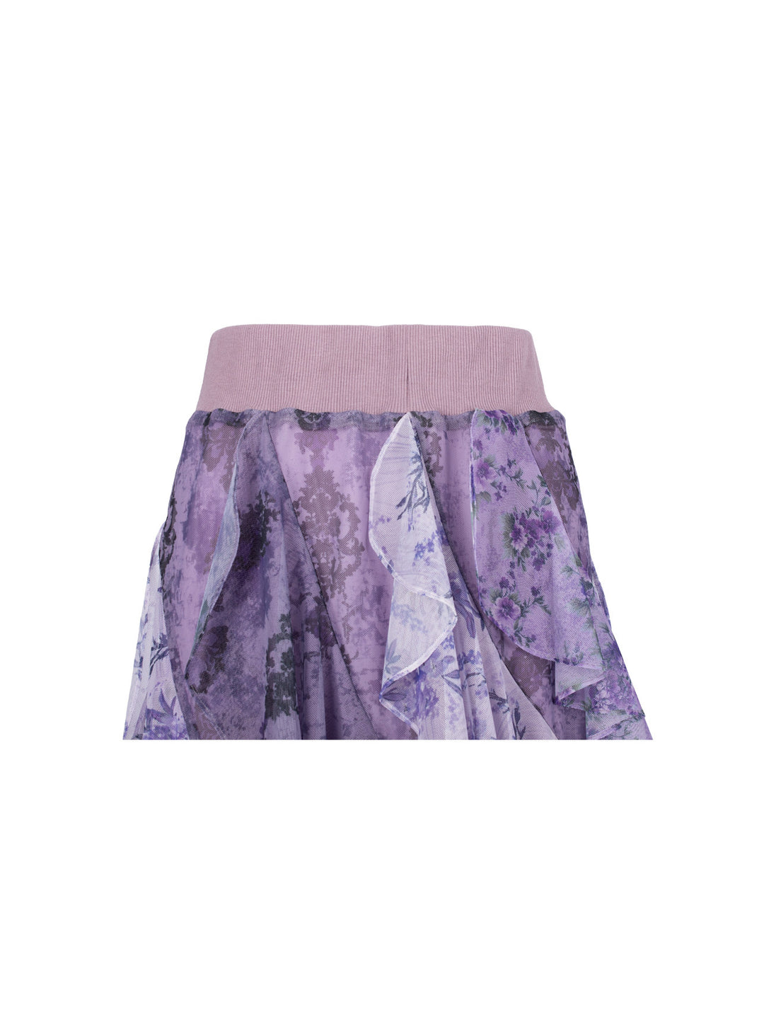4RE1GN PURPLE HAZE asymmetric ruffle skirt in purple — close-up of the elastic ribbed waistband