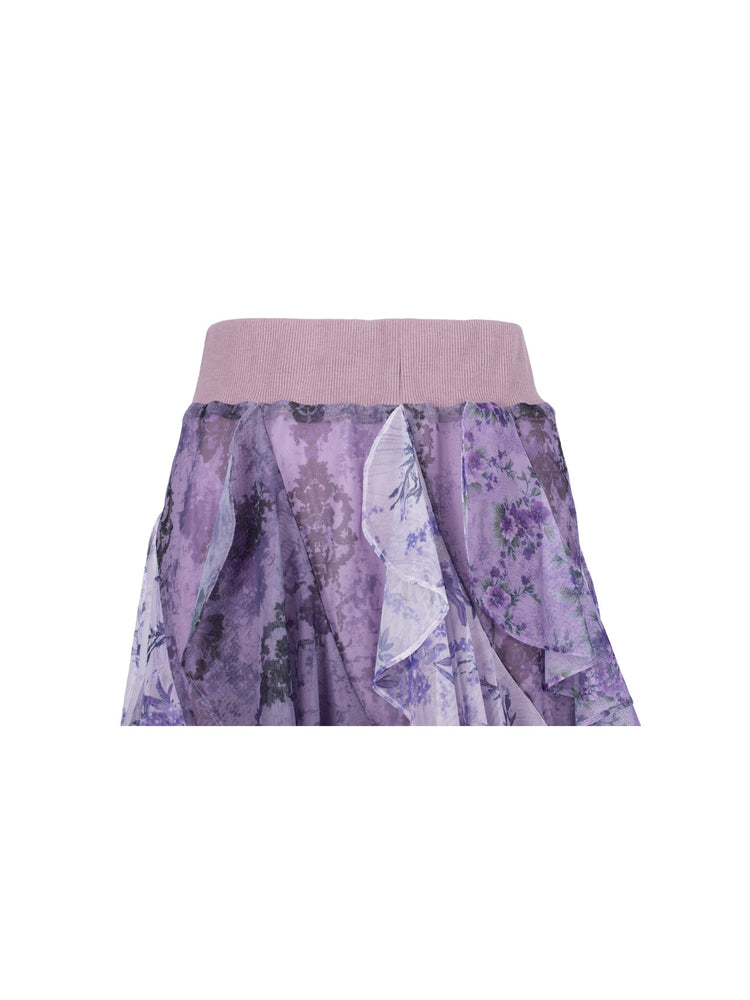 4RE1GN PURPLE HAZE asymmetric ruffle skirt in purple — close-up of the elastic ribbed waistband