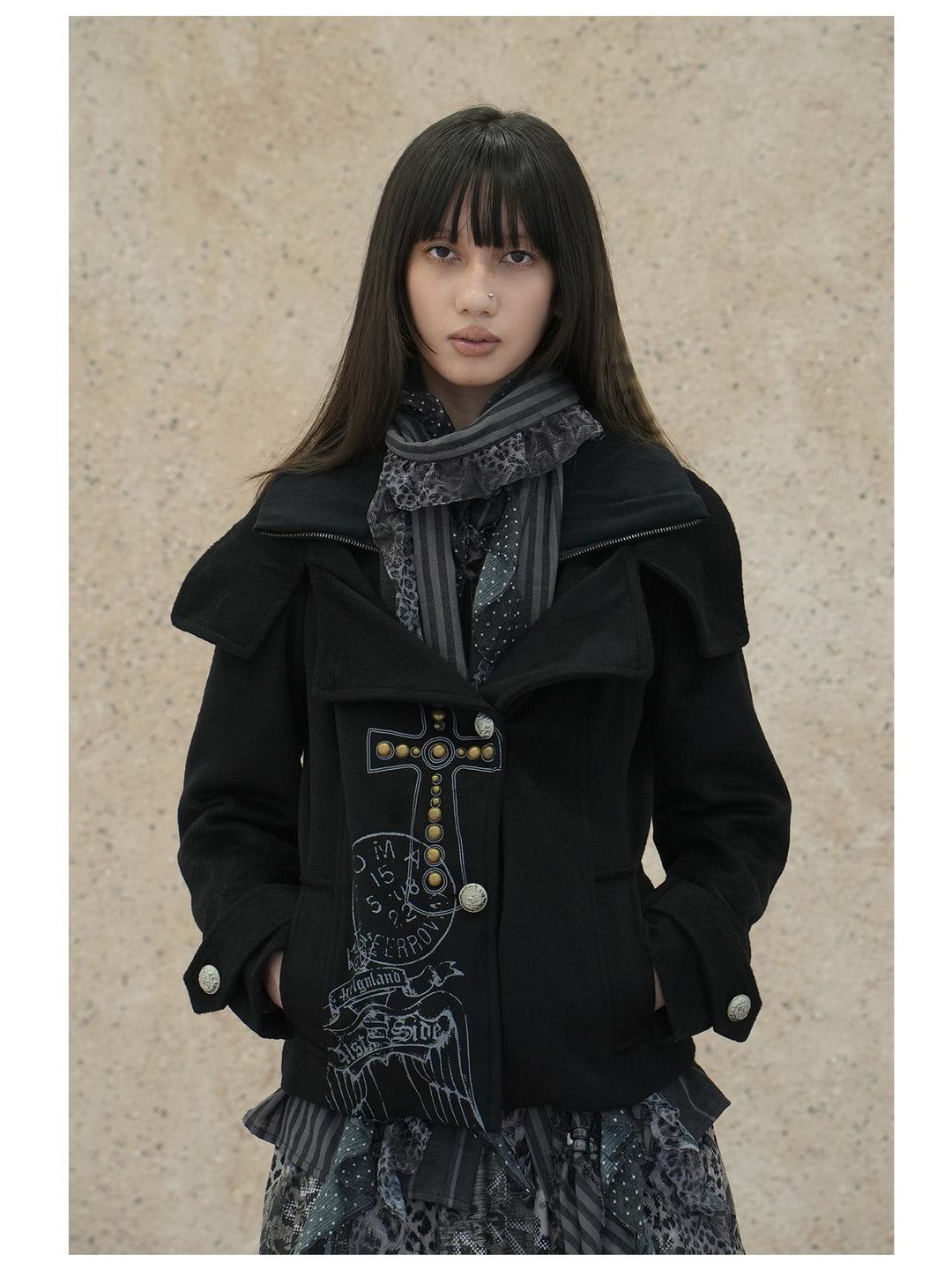 4RE1GN CROSS layered high-neck wool-blend jacket in black — front modeled close-up with the ribbed neckline open