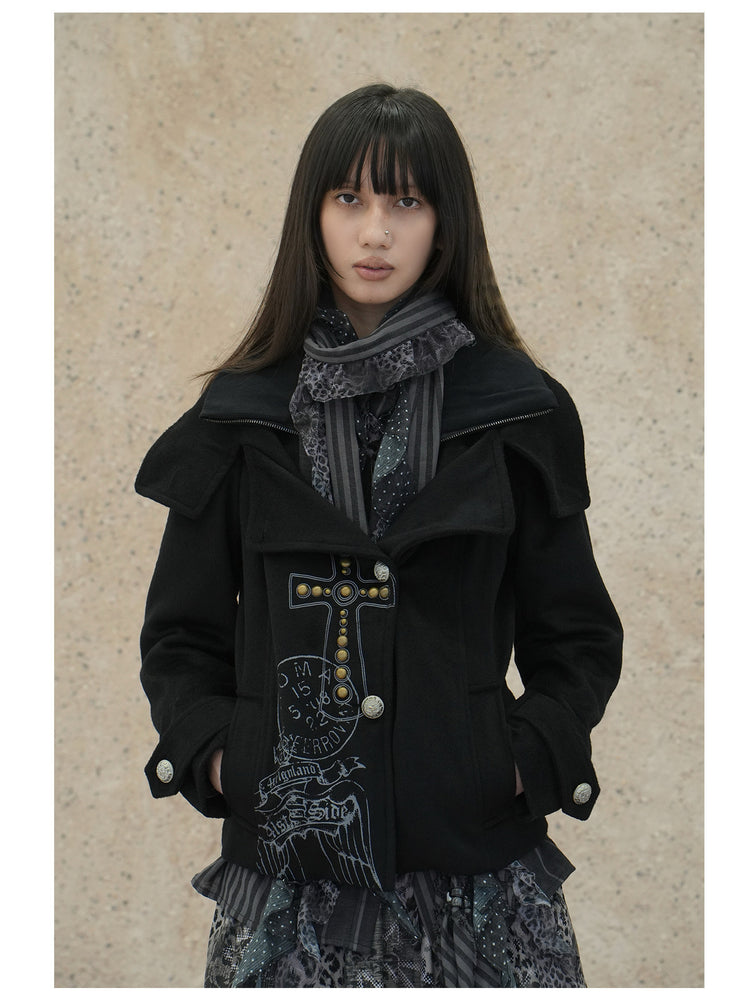 4RE1GN CROSS layered high-neck wool-blend jacket in black — front modeled close-up with the ribbed neckline open