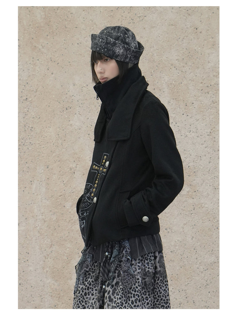 4RE1GN CROSS layered high-neck wool-blend jacket in black — three-quarter modeled close-up with the inner high neck zipped up