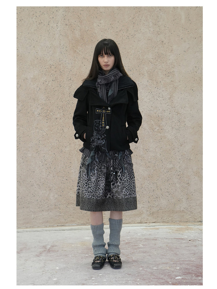 4RE1GN CROSS layered high-neck wool-blend jacket in black — full-length front modeled view with the neckline open and hands in pockets