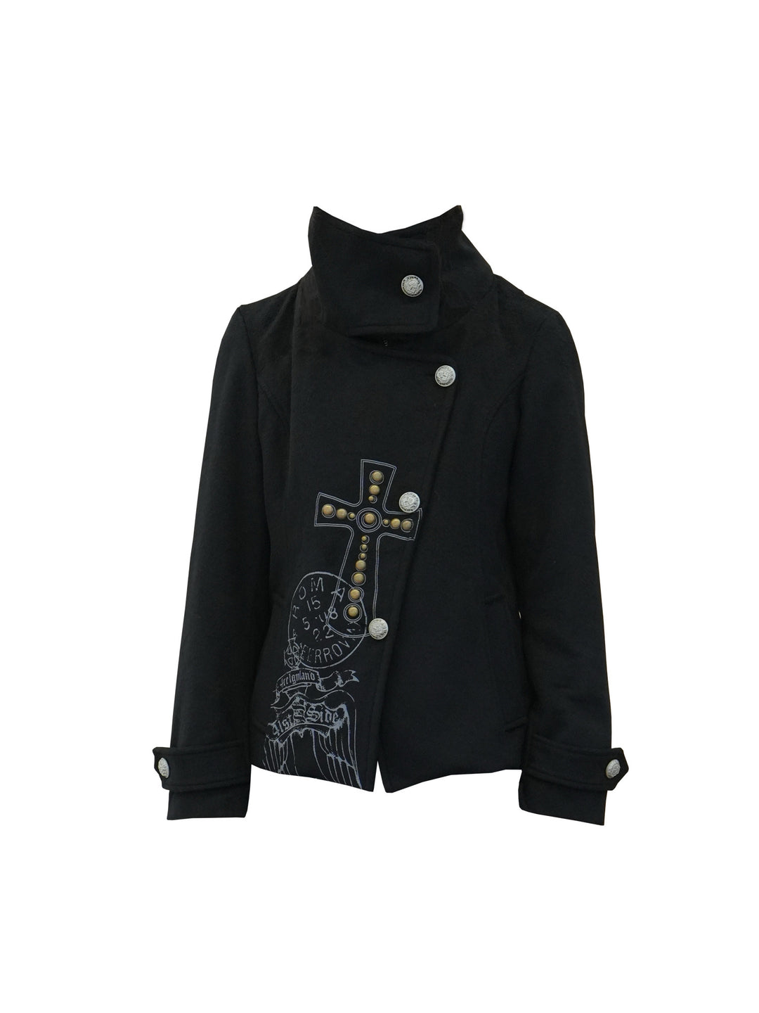 4RE1GN CROSS layered high-neck wool-blend jacket in black — front garment-only view showing the layered collar and cross print