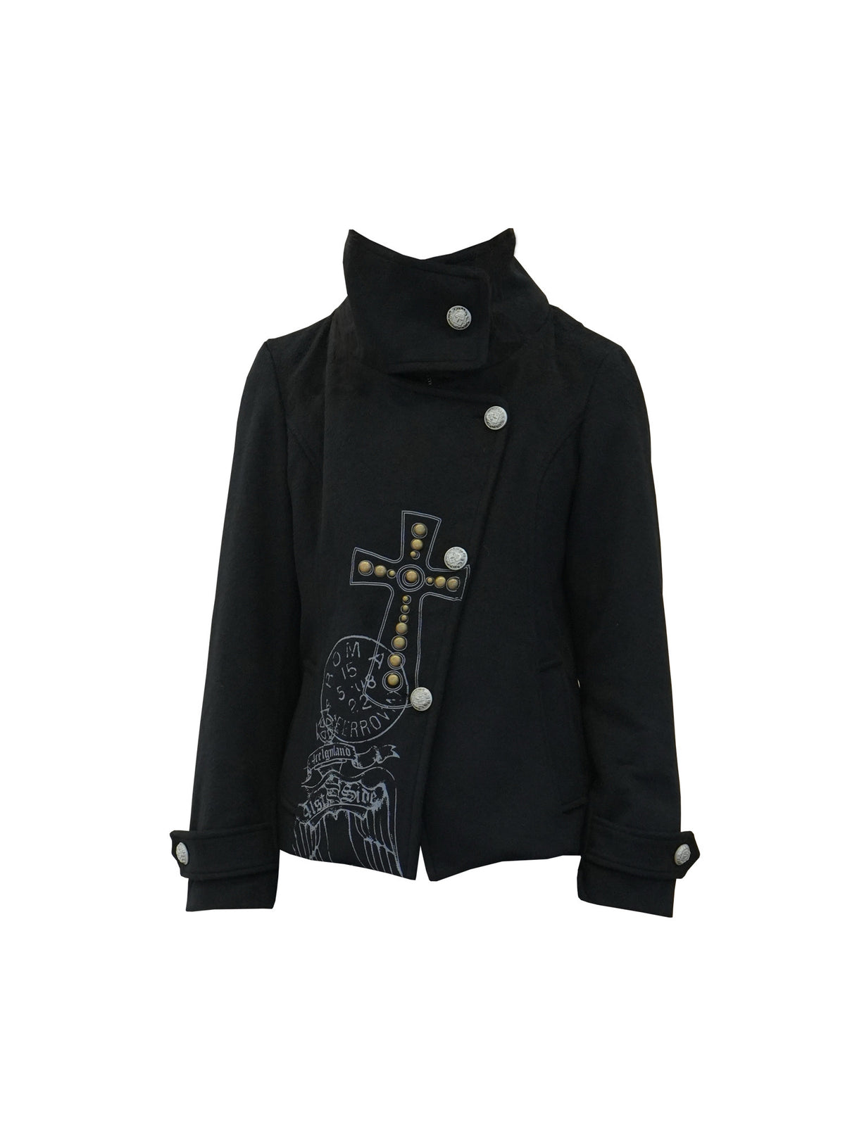 4RE1GN CROSS layered high-neck wool-blend jacket in black — front garment-only view showing the layered collar and cross print