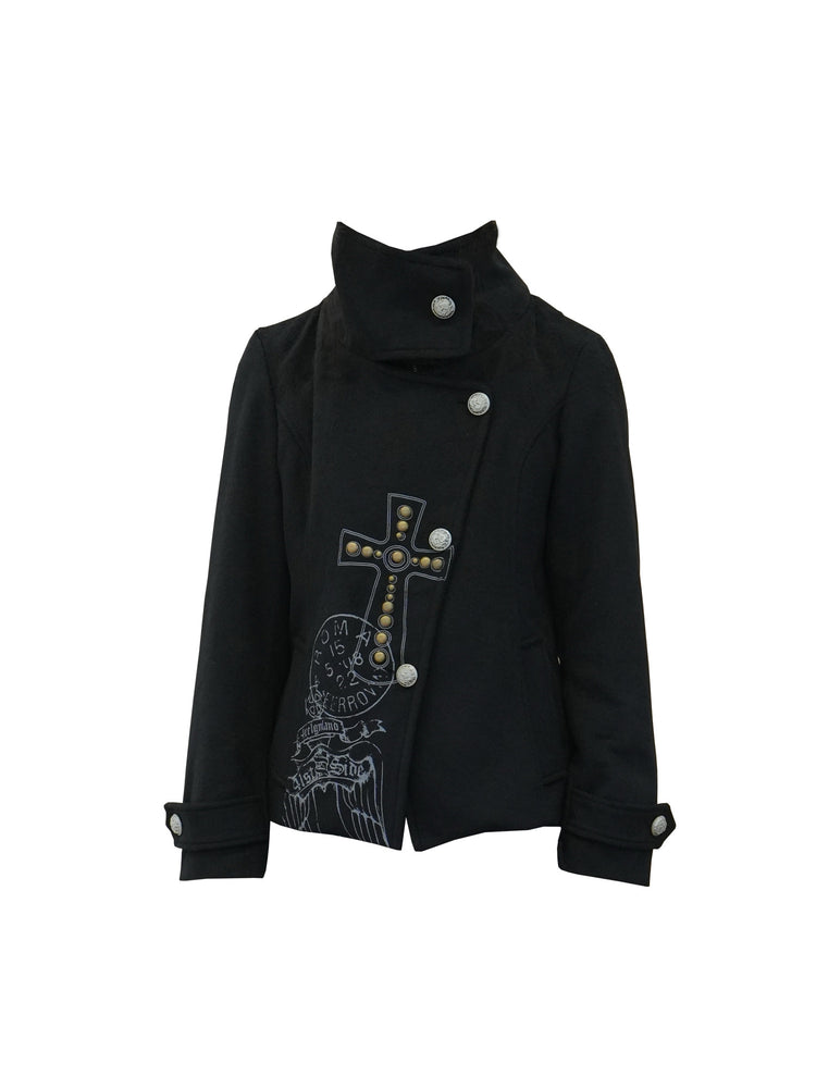 4RE1GN CROSS layered high-neck wool-blend jacket in black — front garment-only view showing the layered collar and cross print