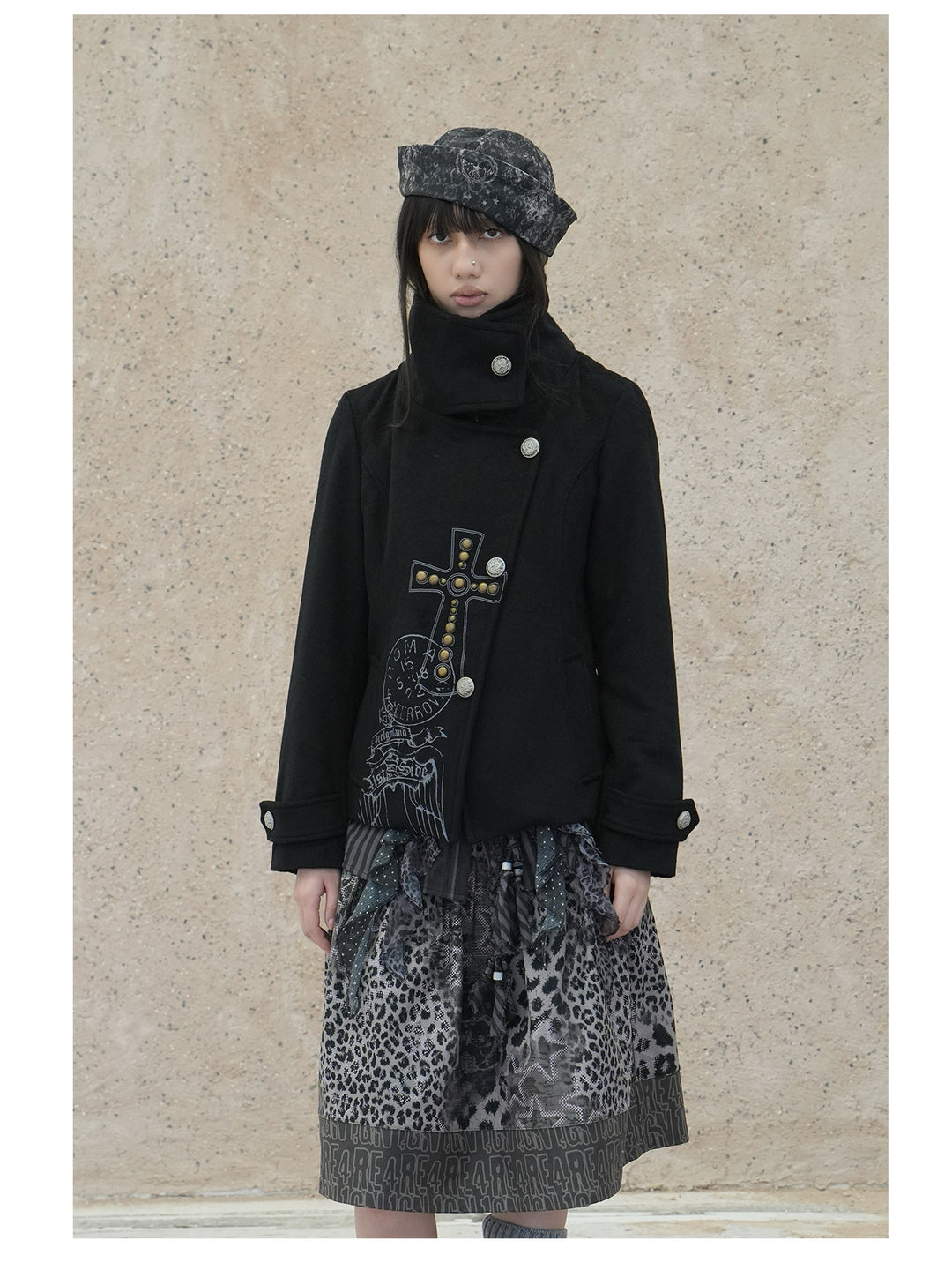 4RE1GN CROSS layered high-neck wool-blend jacket in black — front modeled view with the outer collar buttoned and arms down
