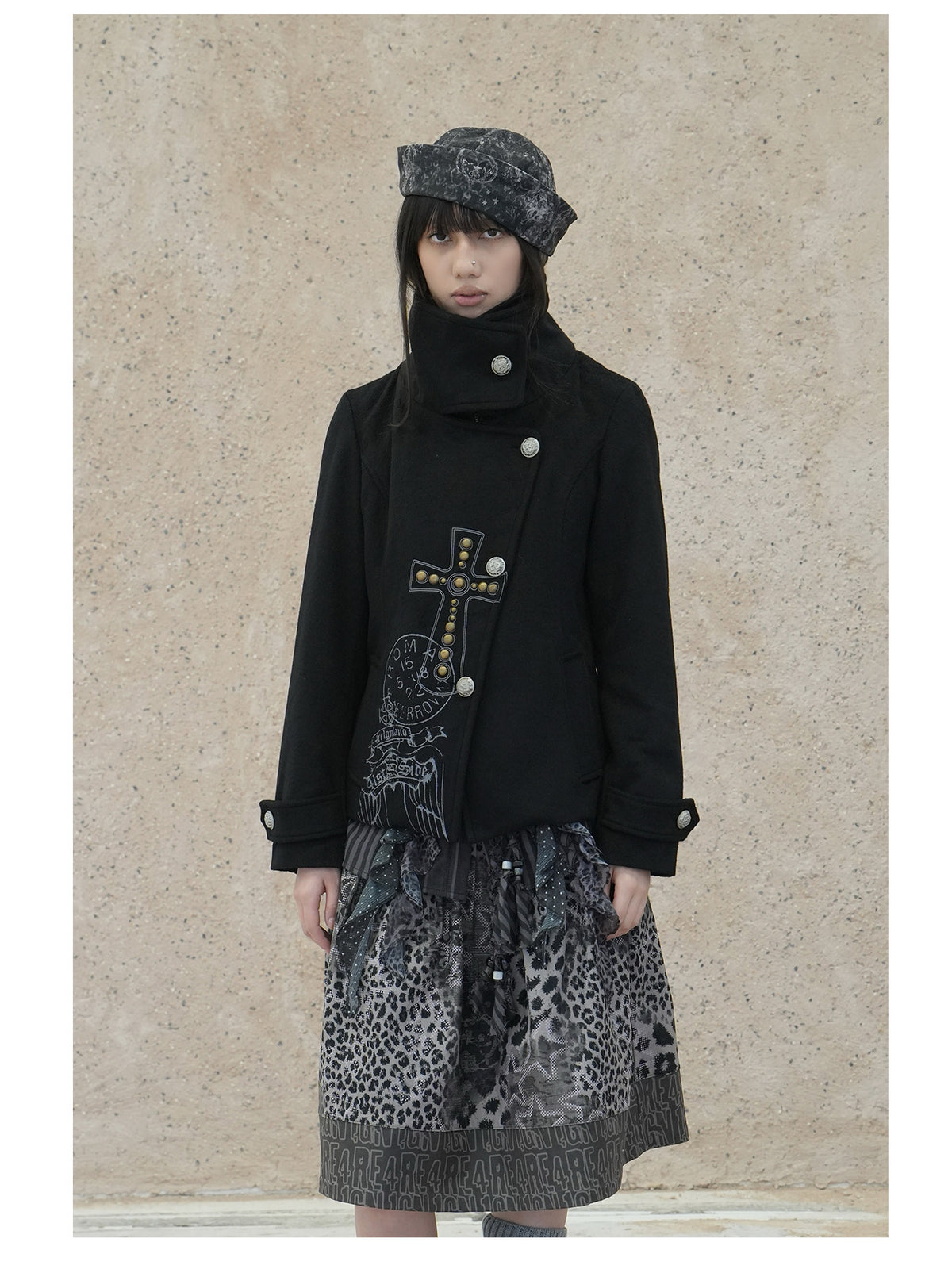 4RE1GN CROSS layered high-neck wool-blend jacket in black — front modeled view with the outer collar buttoned and arms down