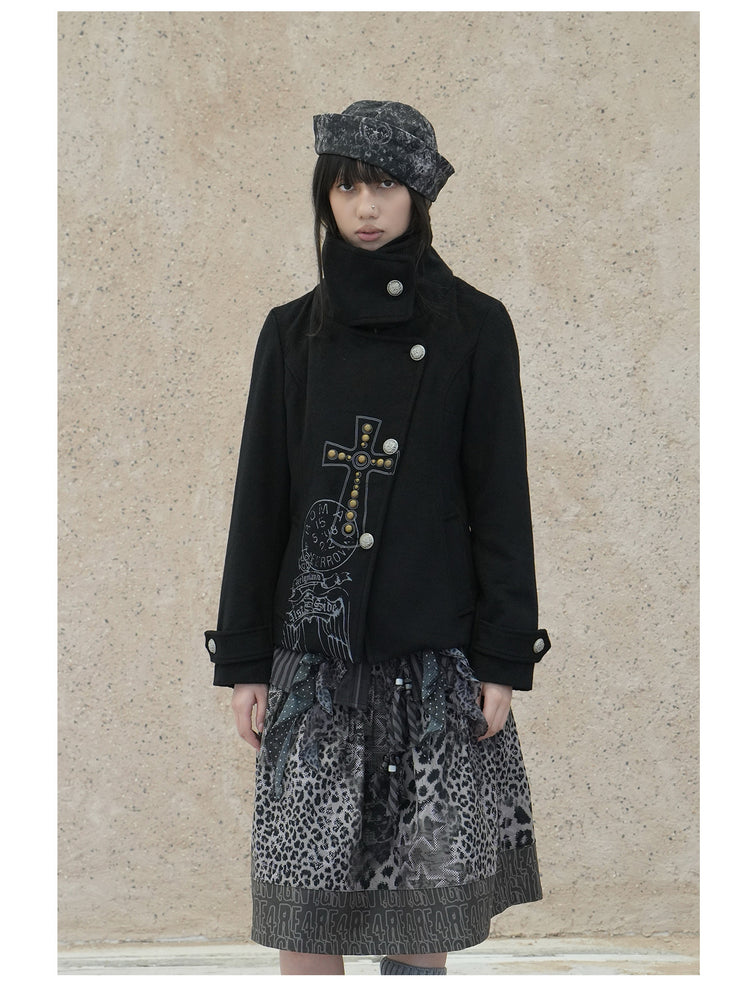 4RE1GN CROSS layered high-neck wool-blend jacket in black — front modeled view with the outer collar buttoned and arms down
