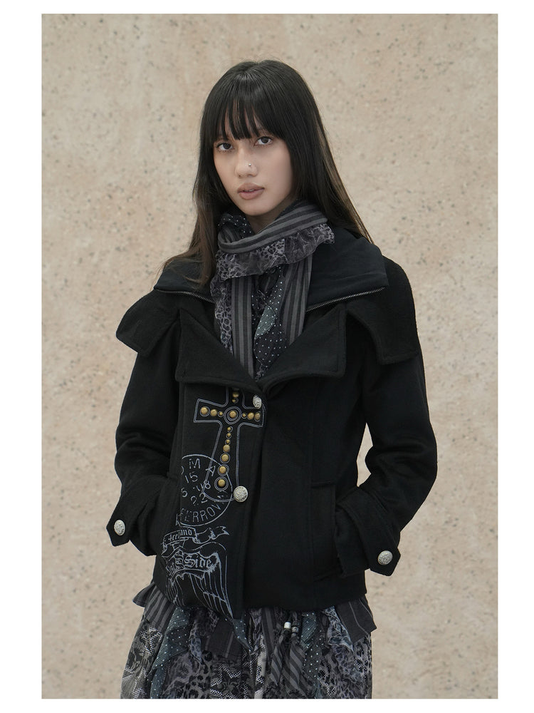 4RE1GN CROSS layered high-neck wool-blend jacket in black — front modeled view with the head tilted
