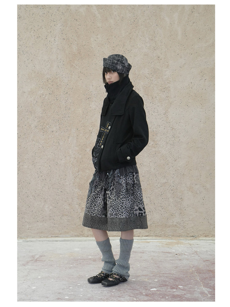 4RE1GN CROSS layered high-neck wool-blend jacket in black — full-length three-quarter modeled view with the inner neck zipped up