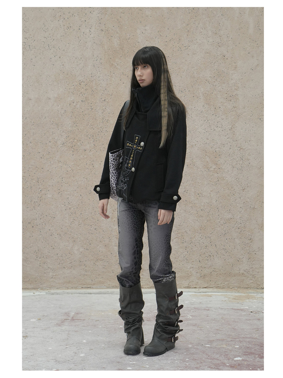 4RE1GN CROSS layered high-neck wool-blend jacket in black — front modeled view styled with leopard-print trousers