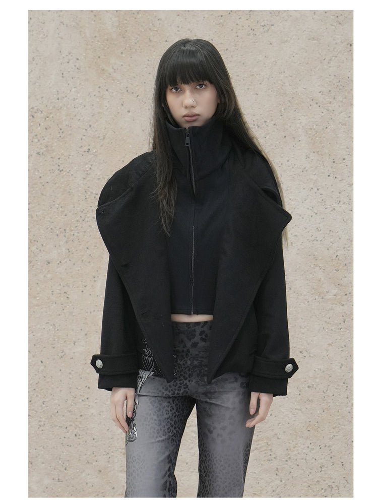 4RE1GN CROSS layered high-neck wool-blend jacket in black — front modeled close-up with the outer jacket open over the zip insert
