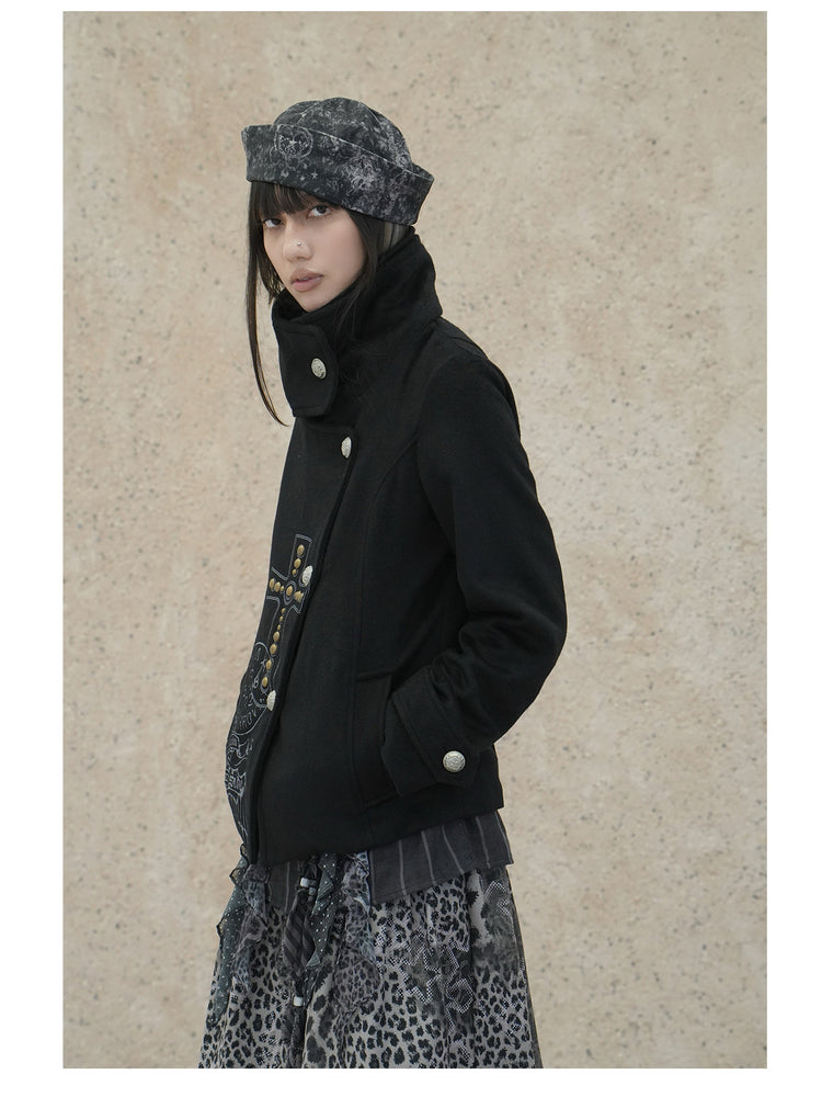 4RE1GN CROSS layered high-neck wool-blend jacket in black — front modeled close-up with the outer collar fastened upright