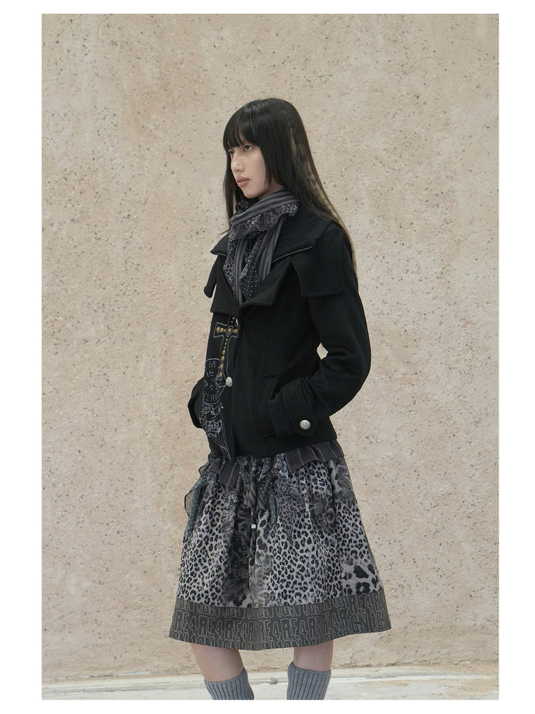 4RE1GN CROSS layered high-neck wool-blend jacket in black — three-quarter front modeled view with the outer collar folded open