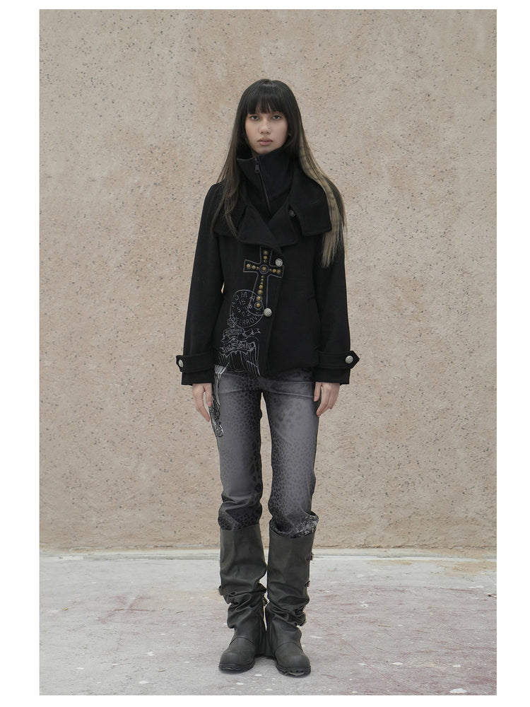 4RE1GN CROSS layered high-neck wool-blend jacket in black — full-length front modeled view styled with leopard-print trousers