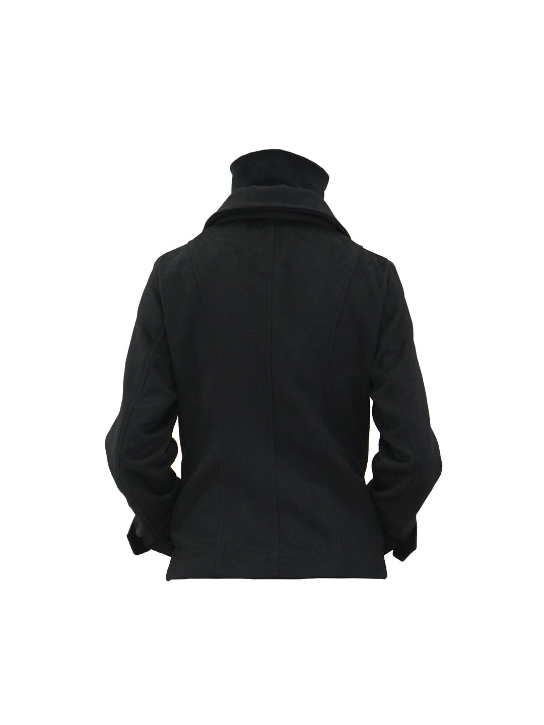 4RE1GN CROSS layered high-neck wool-blend jacket in black — back garment-only view showing the plain fabric and waist shape