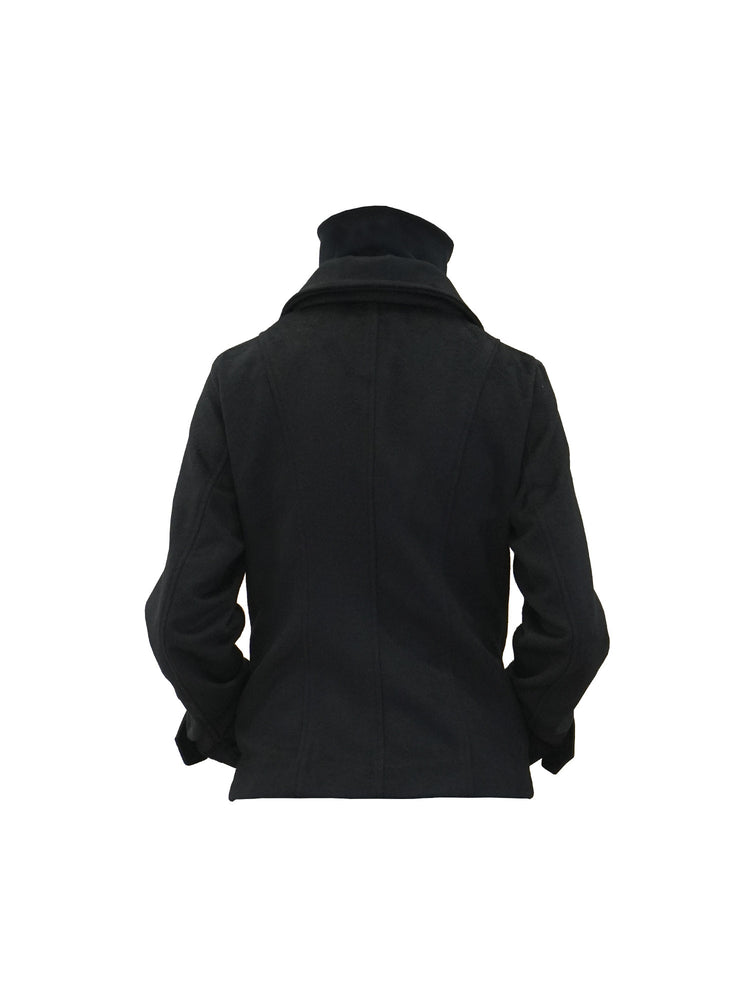 4RE1GN CROSS layered high-neck wool-blend jacket in black — back garment-only view showing the plain fabric and waist shape