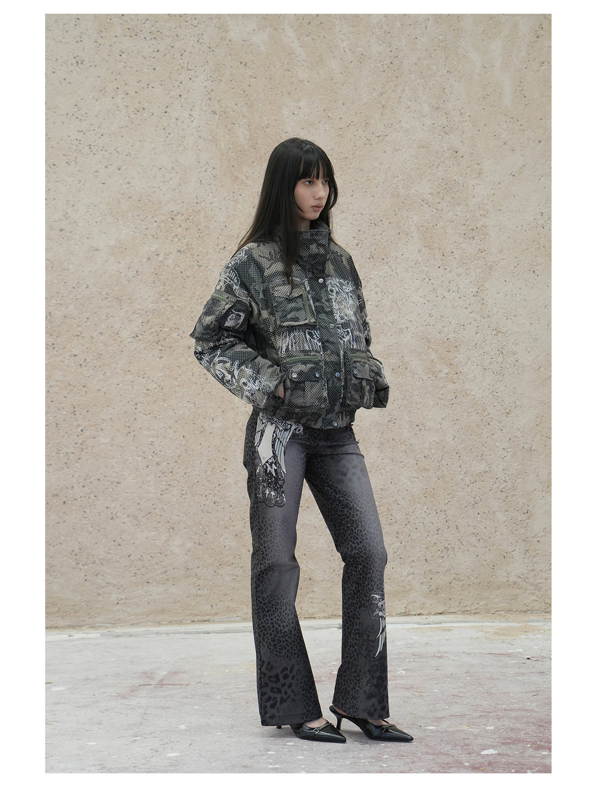 4RE1GN STAR CAMO hooded down jacket in gray green — full-length modeled view with the hood detached